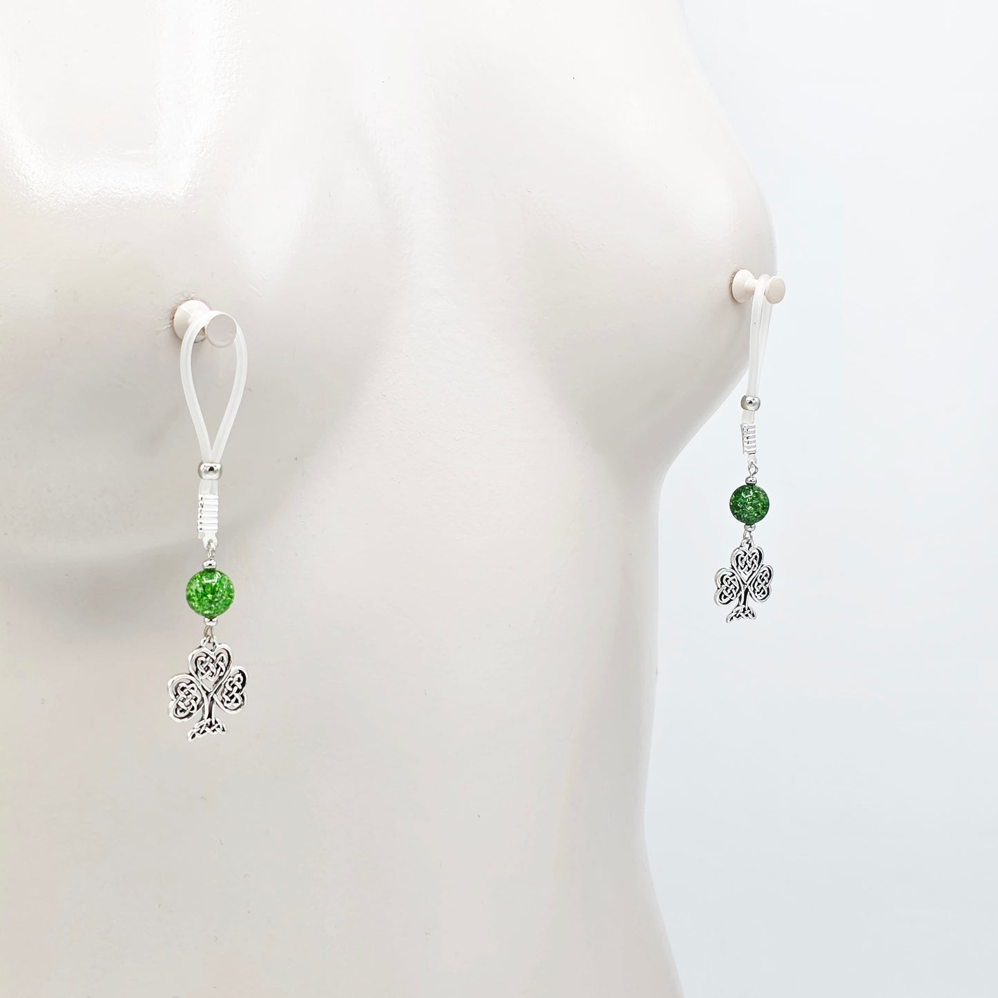 Non Piercing Nipple Dangles with Celtic Shamrocks on Soft Nipple Nooses or Your Choice of Nipple Clamps. BDSM
