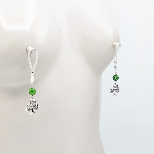 Non Piercing Nipple Dangles with Celtic Shamrocks on Soft Nipple Nooses or Your Choice of Nipple Clamps. BDSM