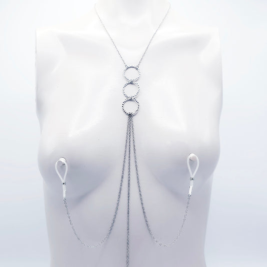 Silver Tri Circle Necklace to Nipple and Clit. Nipple Nooses or Clamps and Tweezer Clitoral Clamp.