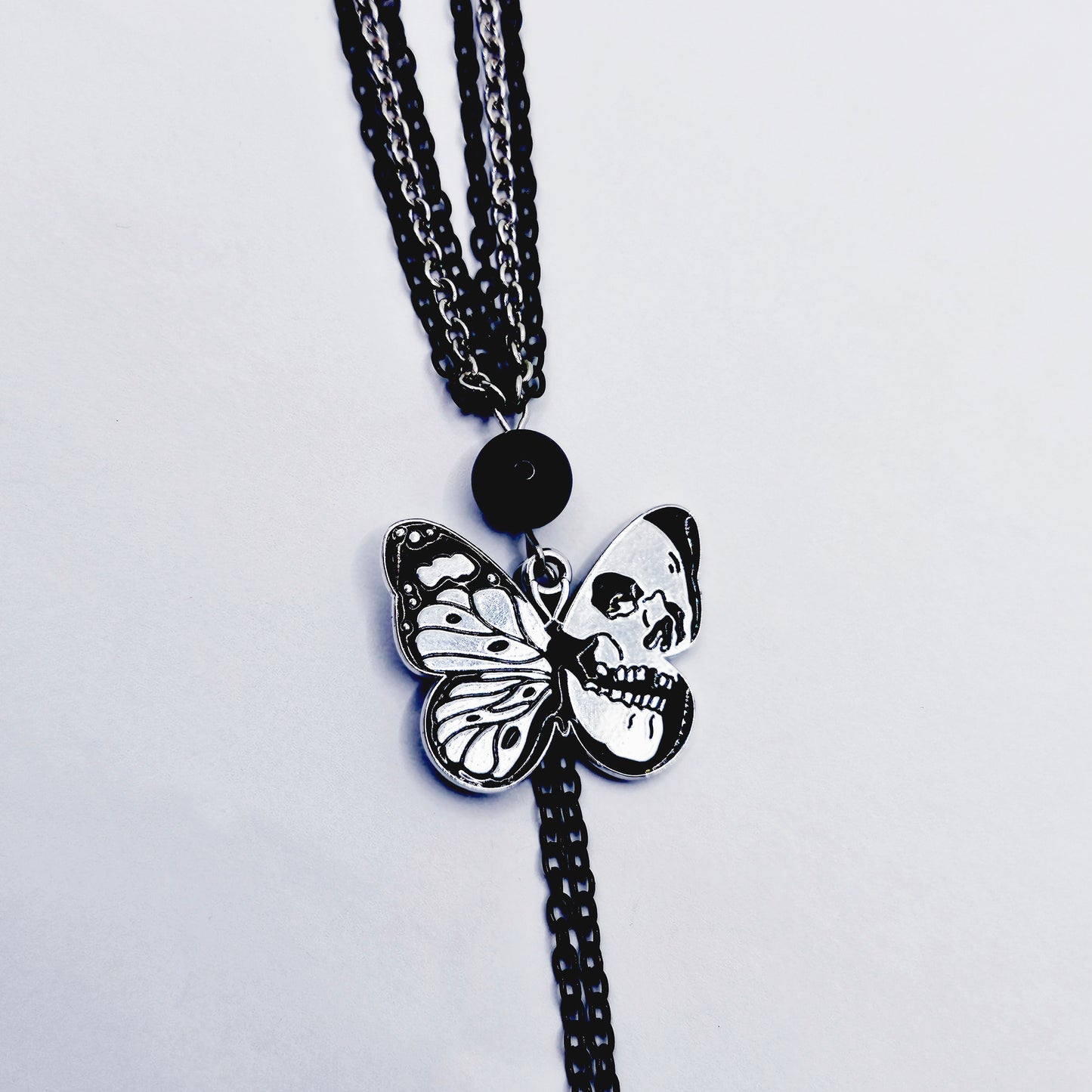 Nipple Chain Necklace, Black and Silver with Skull Butterflies. Non Piercing Nipple Nooses or Nipple Clamps.