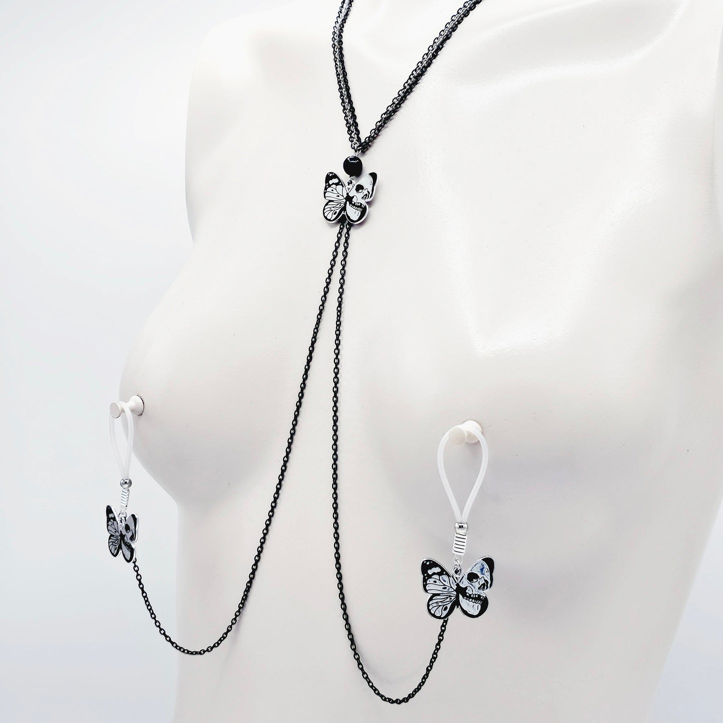 Nipple Chain Necklace, Black and Silver with Skull Butterflies. Non Piercing Nipple Nooses or Nipple Clamps.