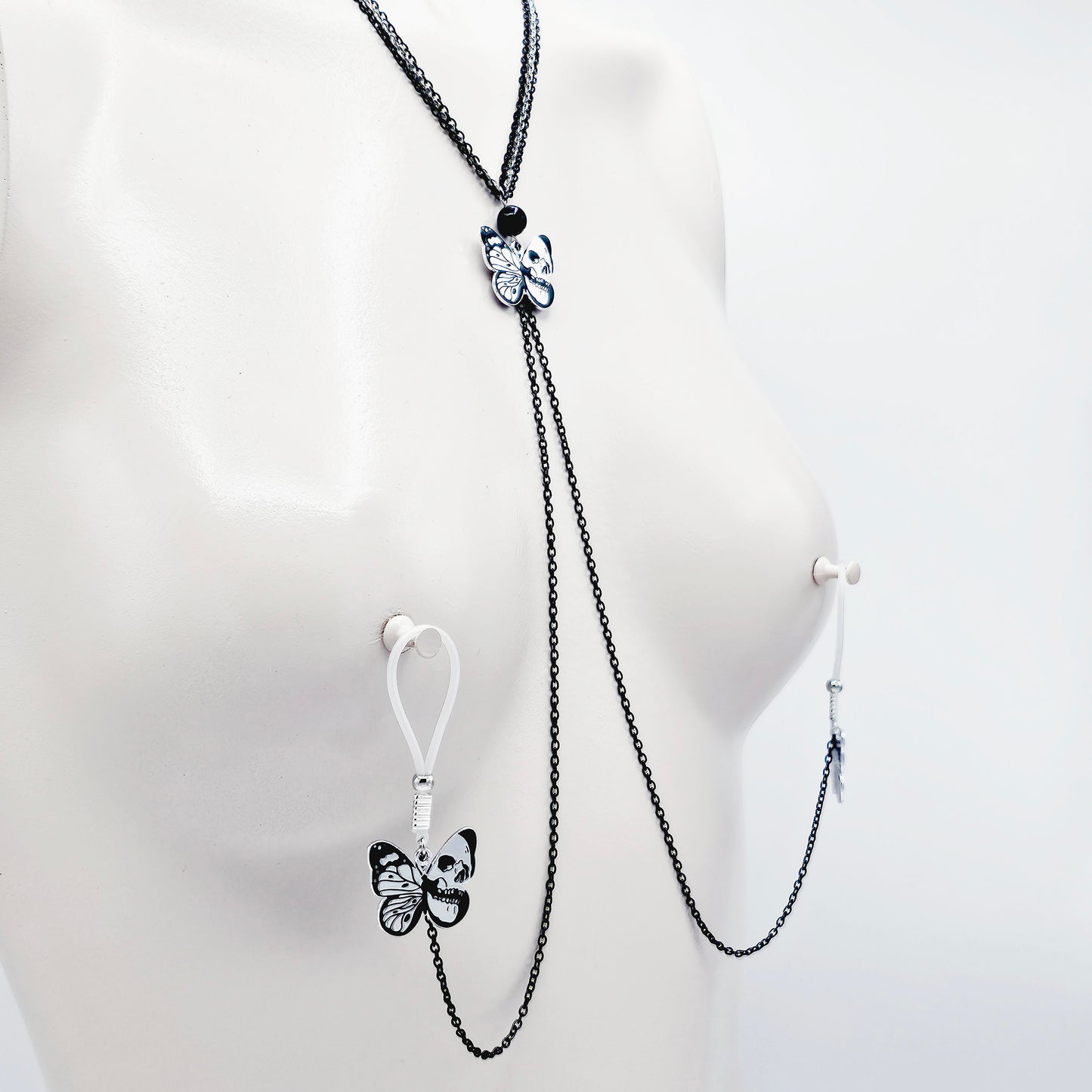 Nipple Chain Necklace, Black and Silver with Skull Butterflies. Non Piercing Nipple Nooses or Nipple Clamps.