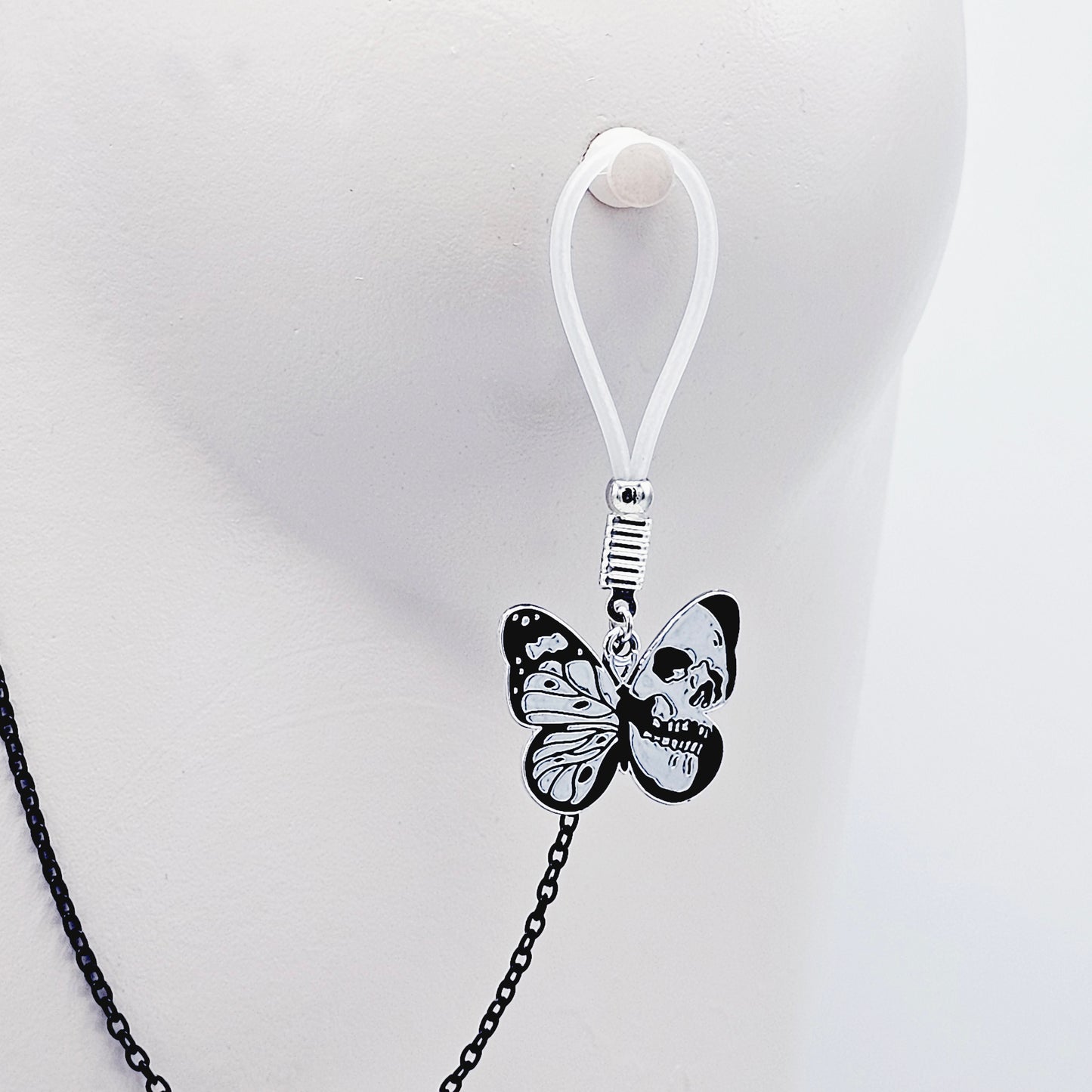 Nipple Chain Necklace, Black and Silver with Skull Butterflies. Non Piercing Nipple Nooses or Nipple Clamps.