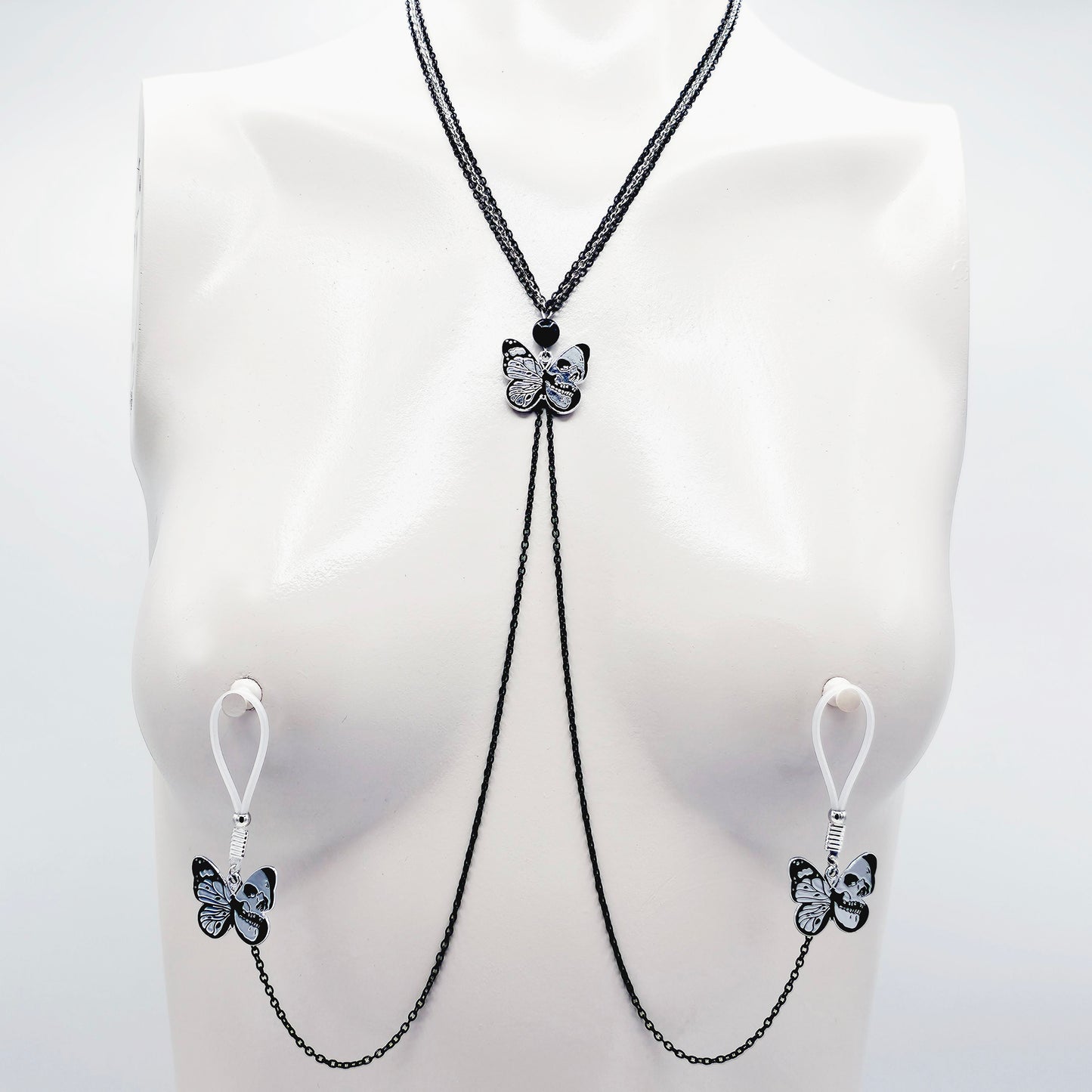 Nipple Chain Necklace, Black and Silver with Skull Butterflies. Non Piercing Nipple Nooses or Nipple Clamps.