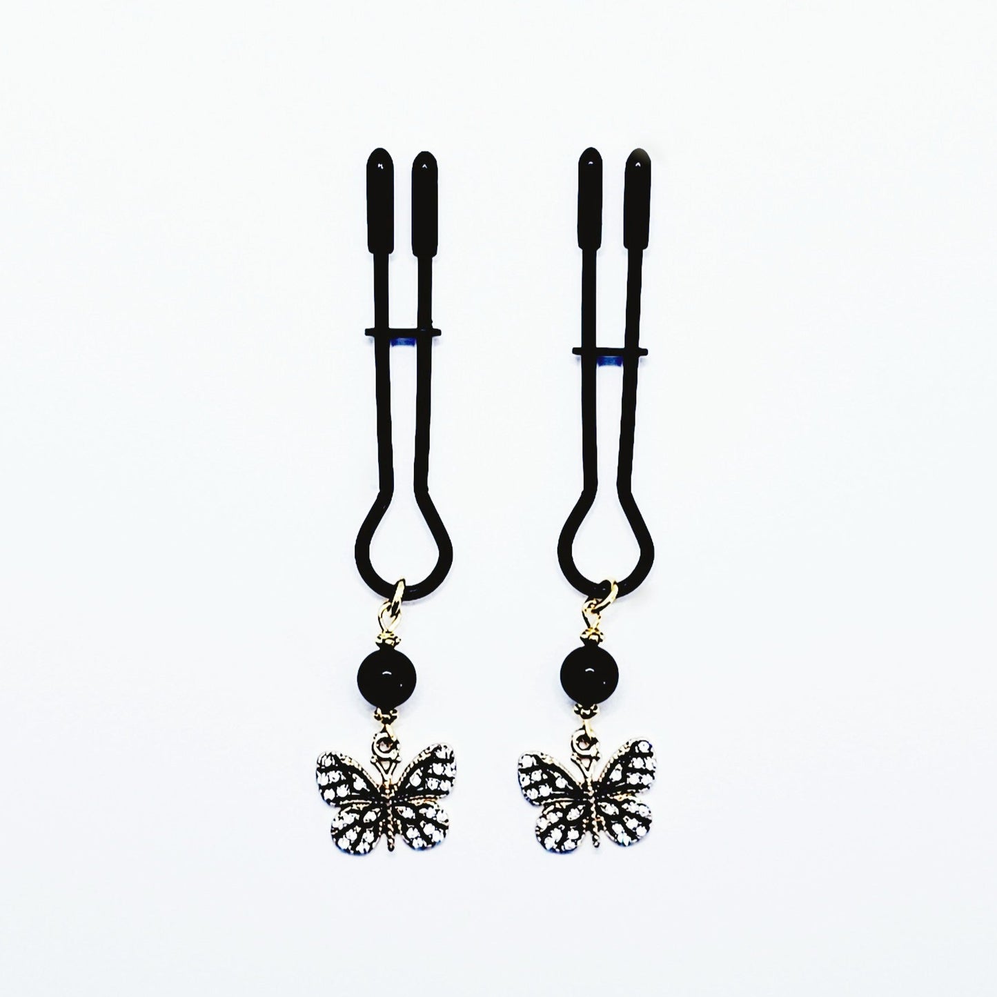 Black straight Tweezer Nipple Clamps with Butterflies