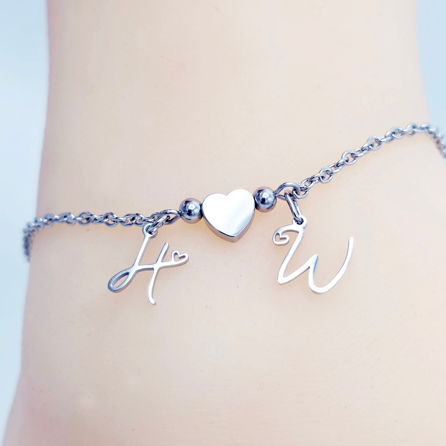Hotwife Anklet, Stainless Steel with Heart and HW Pendants for Discreet Wear. Ankle Bracelet for Hotwife