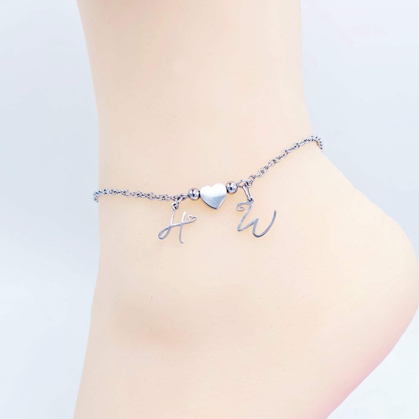Hotwife Anklet, Stainless Steel with Heart and HW Pendants for Discreet Wear. Ankle Bracelet for Hotwife