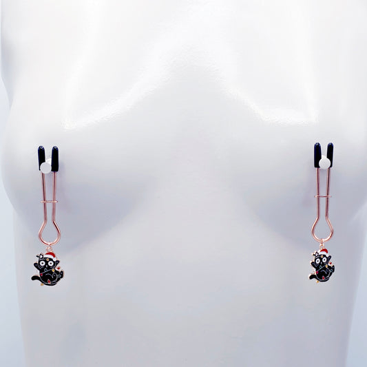 Holiday Nipple Clamps. Rose Gold Straight Tweezer Clamps with Naughty Christmas Kittens.