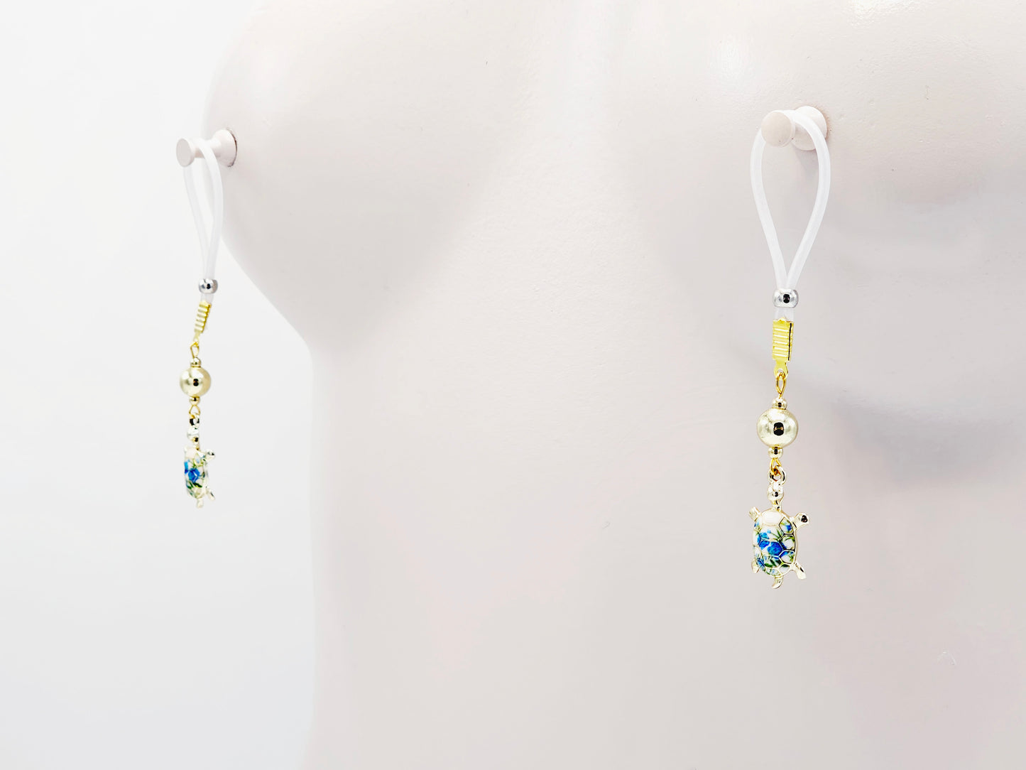 Painted Gold Turtle Nipple Dangles on Nipple Nooses or Your Choice of Nipple Clamps. Non-Piercing Nipple.