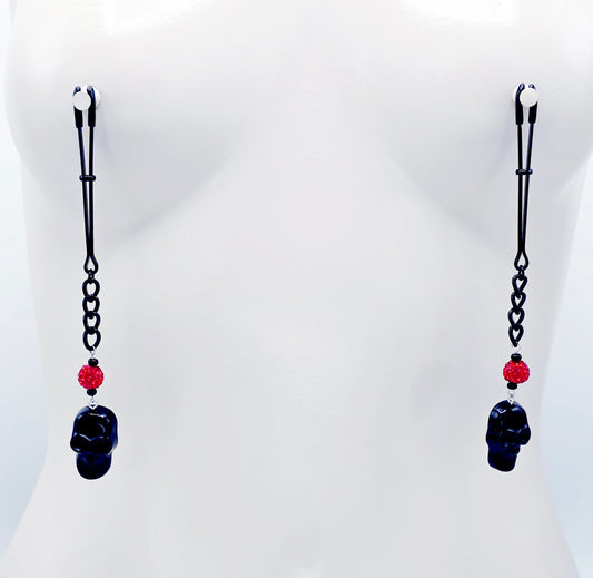 Black Tweezer Clamps with Skulls. Gothic Nipple Clamps.