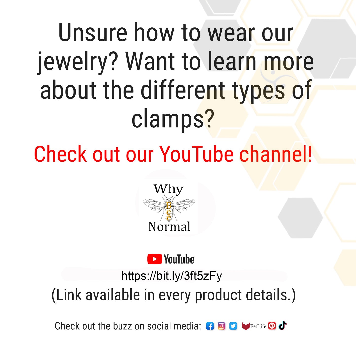 Promotional text for a YouTube channel about jewelry and clamps on a white background with geometric shapes.