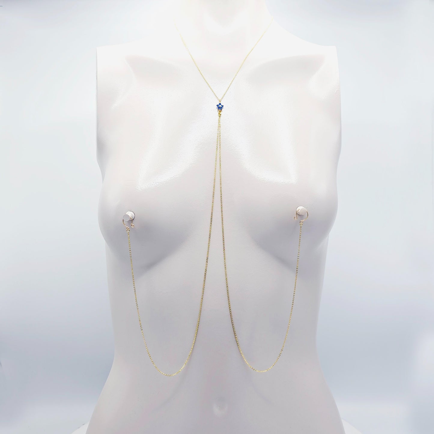 Gold Necklace to Nipple 18K with CZ Flower, Pierced or Not Pierced Nipple, or Choose Nipple Clamps.