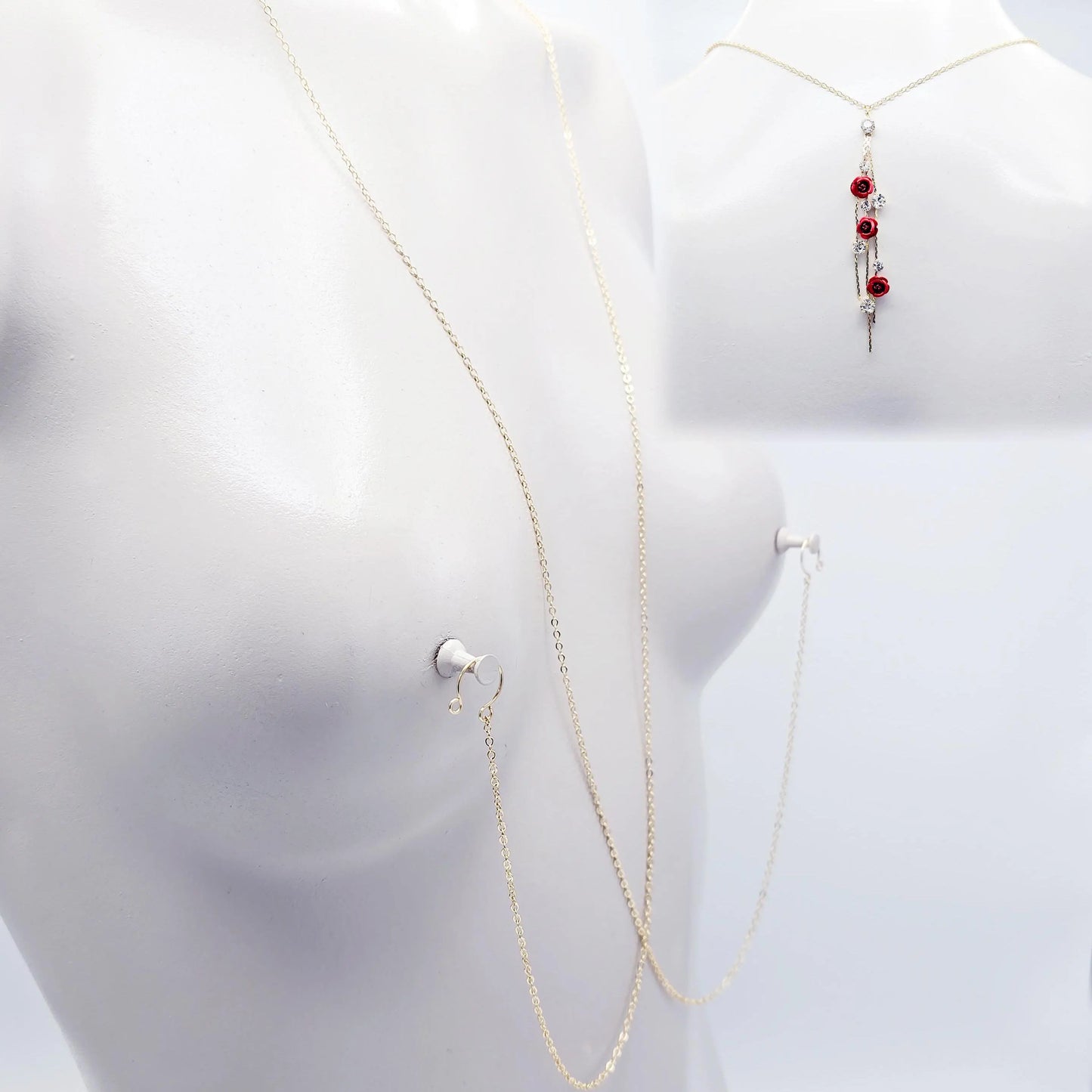 18K Gold Fake Piercing Nipple Chain Necklace with Red Roses Backdrop and Your Choice of Nipple Attachment.