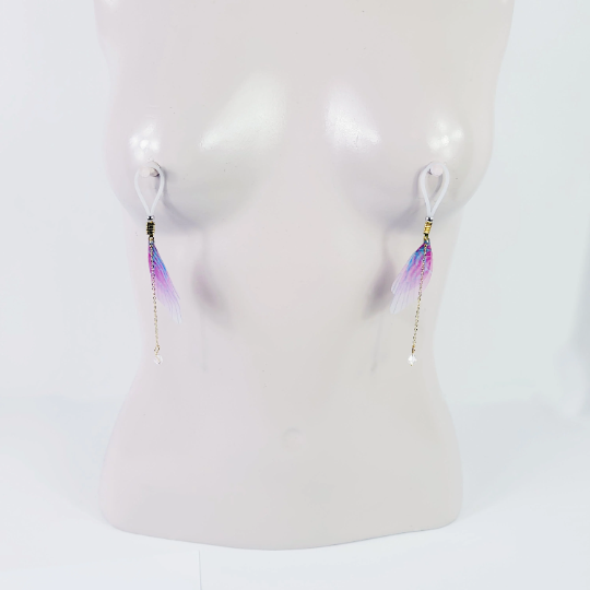 Non Piercing Nipple Dangles With Fabric Wings and Crystal on Nipple Nooses Or Nipple Clamps. BDSM