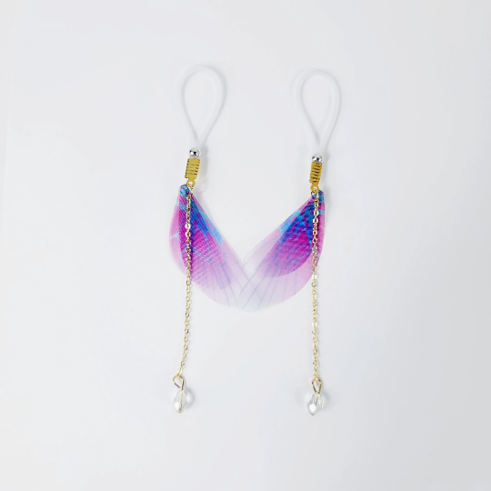 Non Piercing Nipple Dangles With Fabric Wings and Crystal on Nipple Nooses Or Nipple Clamps. BDSM