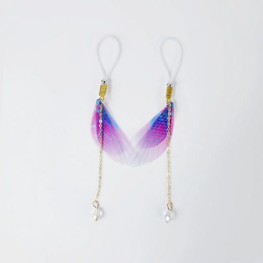 Non Piercing Nipple Dangles With Fabric Wings and Crystal on Nipple Nooses Or Nipple Clamps. BDSM