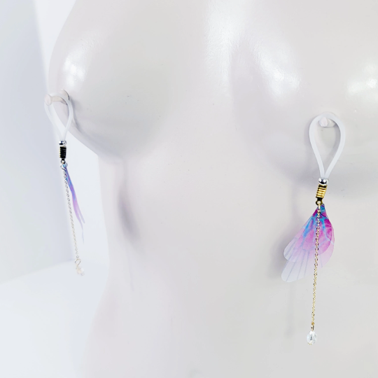 Non Piercing Nipple Dangles With Fabric Wings and Crystal on Nipple Nooses Or Nipple Clamps. BDSM