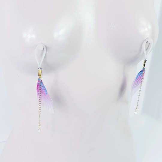 Non Piercing Nipple Dangles With Fabric Wings and Crystal on Nipple Nooses Or Nipple Clamps. BDSM