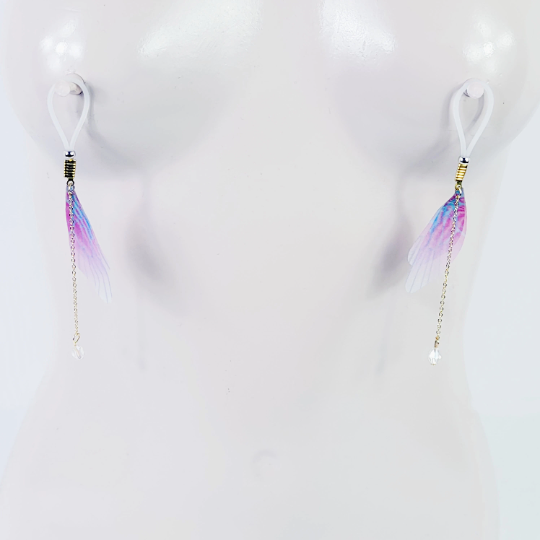 Non Piercing Nipple Dangles With Fabric Wings and Crystal on Nipple Nooses Or Nipple Clamps. BDSM