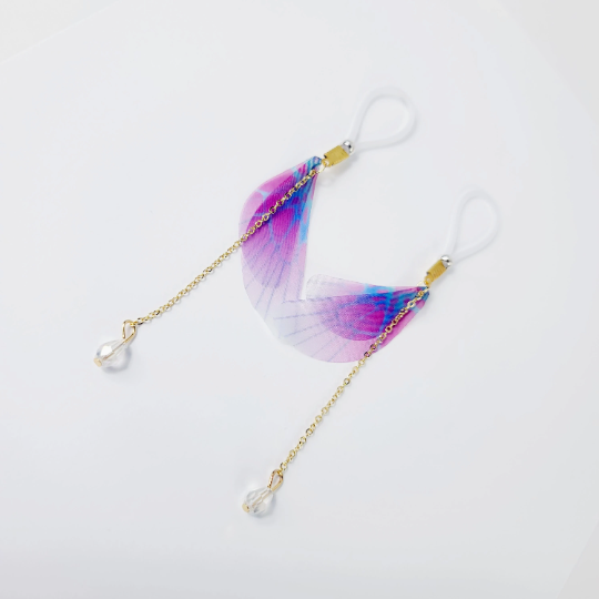 Non Piercing Nipple Dangles With Fabric Wings and Crystal on Nipple Nooses Or Nipple Clamps. BDSM