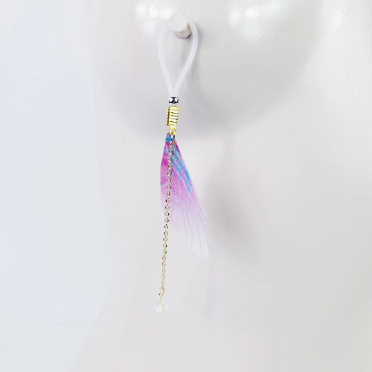 Non Piercing Nipple Dangles With Fabric Wings and Crystal on Nipple Nooses Or Nipple Clamps. BDSM