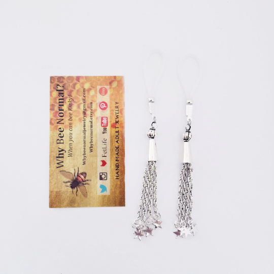 Non Piercing Nipple Dangles with Silver Stars. Choose Nooses or Clamps.