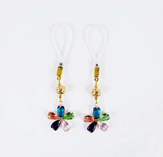 Flower Nipple Dangles on Your Choice of Non Piercing Nipple Nooses or Nipple Clamps. BDSM