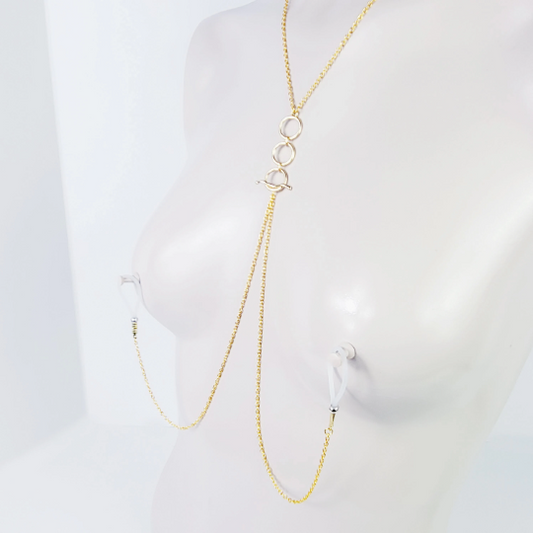 Tri Circle Necklace in Gold with Removeable Nipple Chains on Nipple Nooses or Your Choice of Nipple Clamps. BDSM
