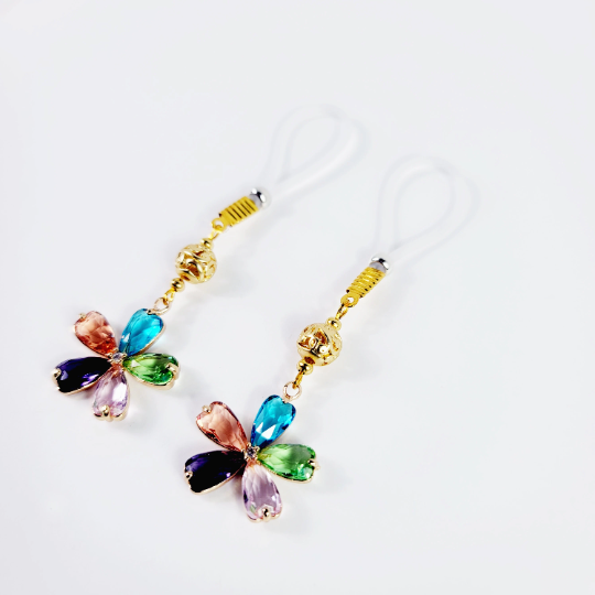 Flower Nipple Dangles on Your Choice of Non Piercing Nipple Nooses or Nipple Clamps. BDSM