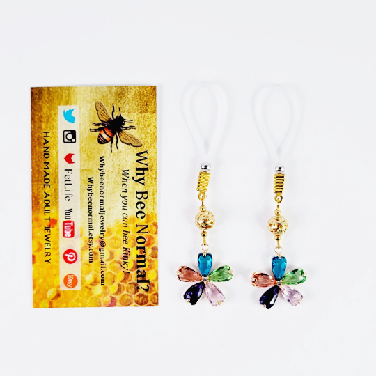 Flower Nipple Dangles on Your Choice of Non Piercing Nipple Nooses or Nipple Clamps. BDSM
