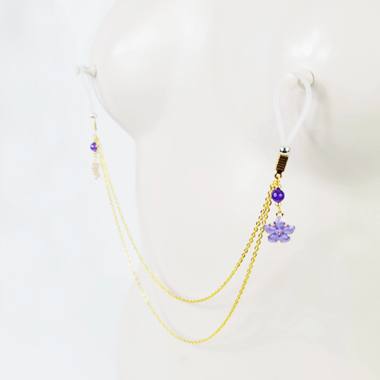 Non Piercing Nipple Chains, Gold with Purple Flowers. On Your Choice of Nipple Nooses or Clamps. BDSM