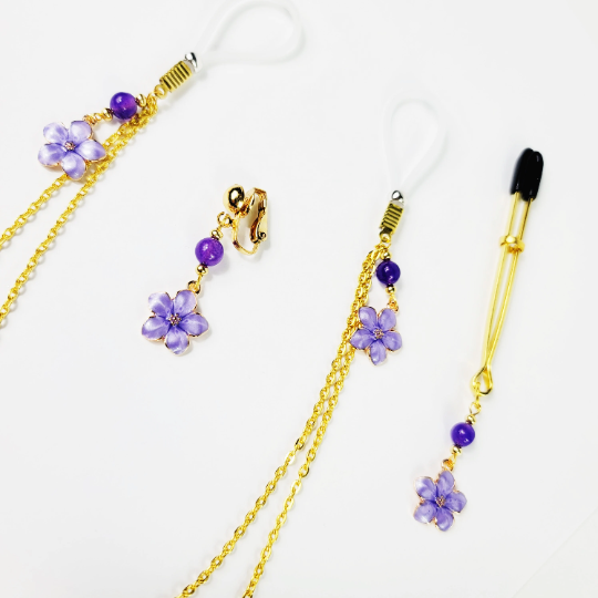 Non Piercing Nipple Chains, Gold with Purple Flowers. On Your Choice of Nipple Nooses or Clamps. BDSM