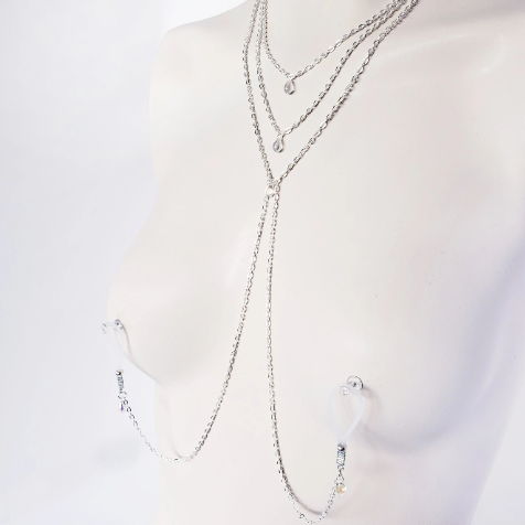 Elegant crystal teardrop 3 tiered necklace with attached nipple nooses or feel the sting with nipple clamps. BDSM, Submissive, DDLG