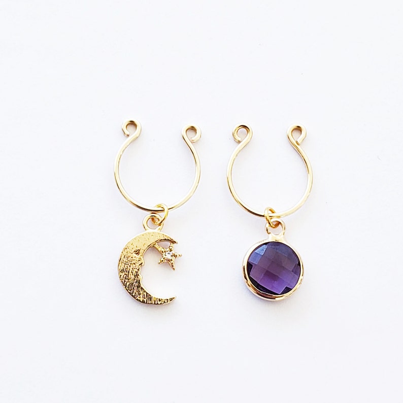 Gold Nipple Rings with Moon and Purple Gem