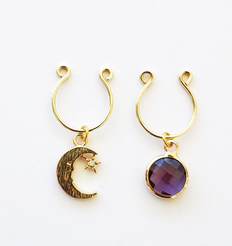 Gold Nipple Rings with Moon and Purple Gem