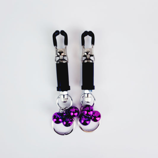 BDSM Nipple Clamps. Barrel Nipple Clamps with Bells and Pull Rings. MATURE