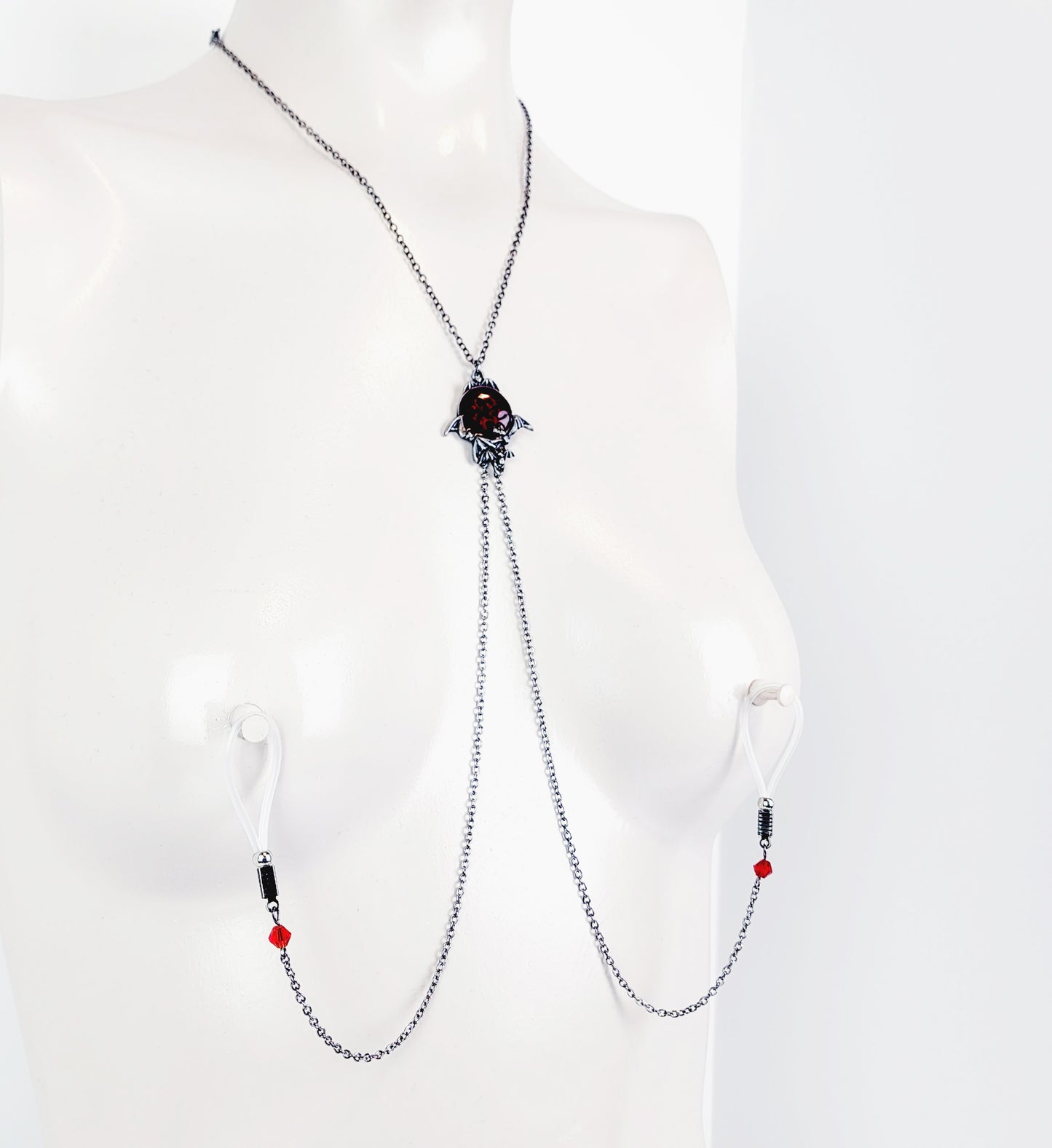 Non Piercing Necklace To Nipple, Gunmetal Black with Bats and Red Pendant. Nipple Nooses, Nipple Clamps, or Rings.