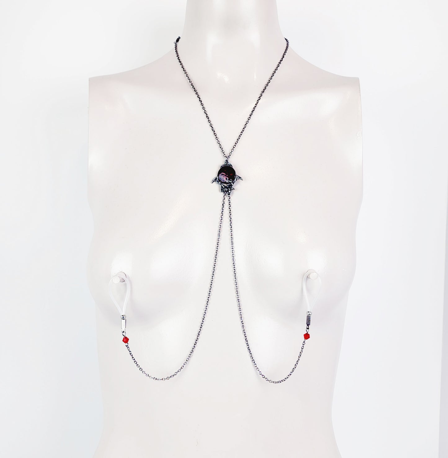Non Piercing Necklace To Nipple, Gunmetal Black with Bats and Red Pendant. Nipple Nooses, Nipple Clamps, or Rings.