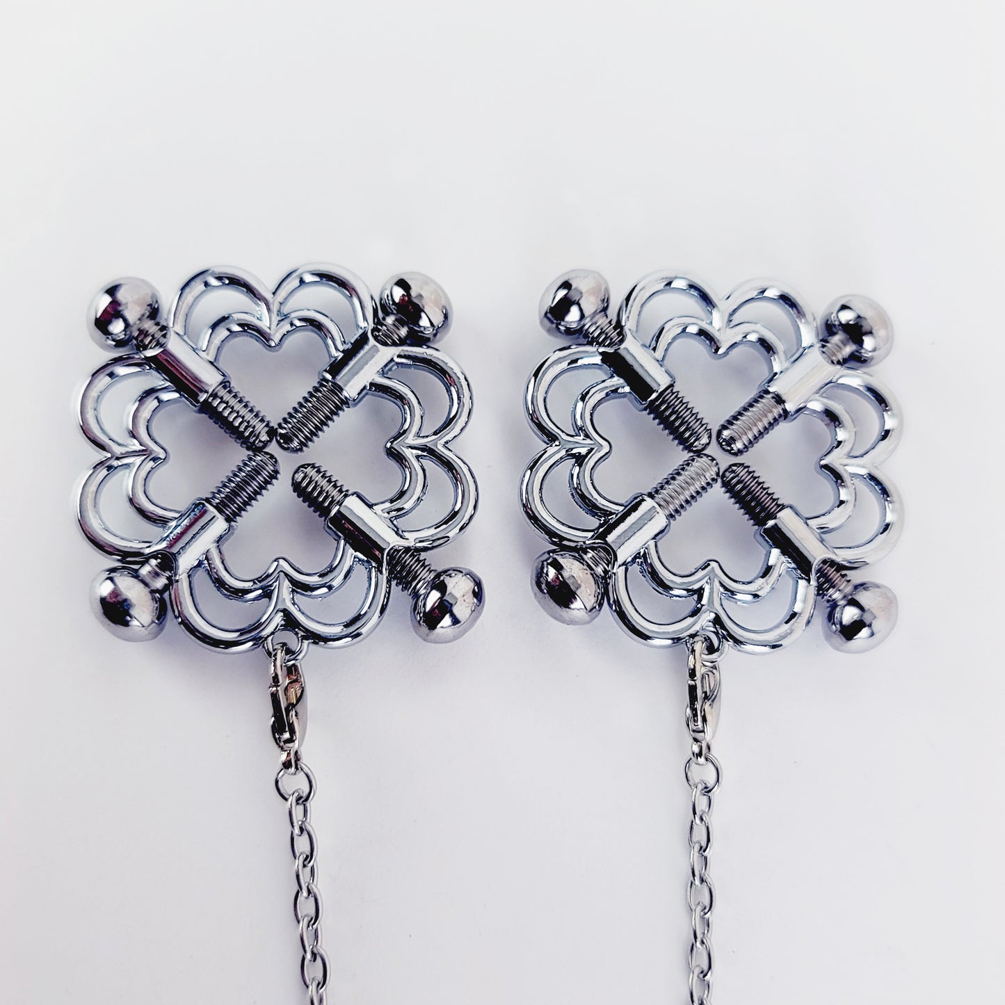 Screw Nipple Shield Nipple Clamps with Removable Chain and Black Crystal. MATURE, BDSM