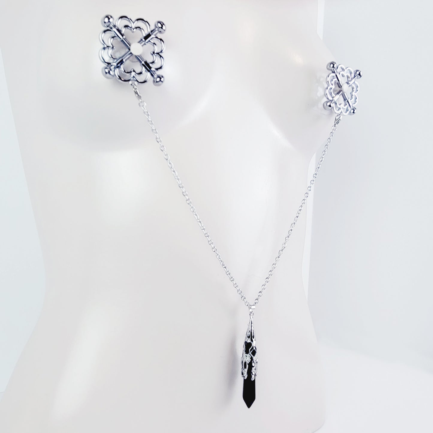 Screw Nipple Shield Nipple Clamps with Removable Chain and Black Crystal. MATURE, BDSM