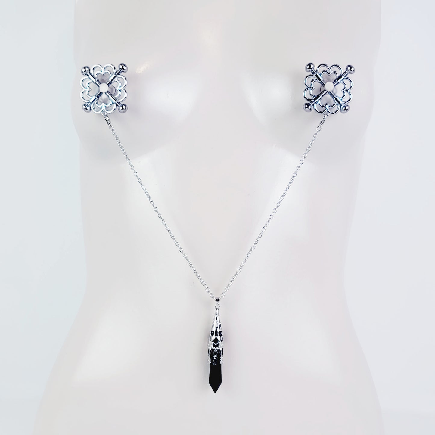 Screw Nipple Shield Nipple Clamps with Removable Chain and Black Crystal. MATURE, BDSM