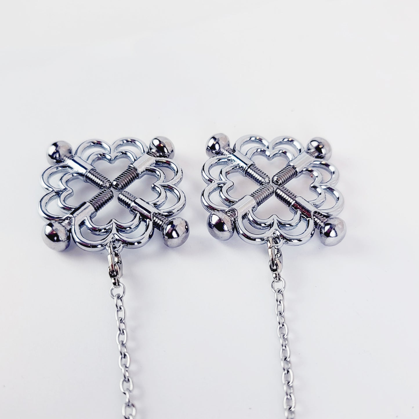 Screw Nipple Shield Nipple Clamps with Removable Chain and Black Crystal. MATURE, BDSM