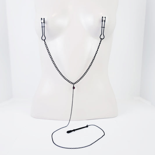 Nipple to Clit Clamp Attached with Black Chains. Straight Tweezer Nipple Clamps and Tweezer Nipple Clitoral Clamp. BDSM Sex Toy, MATURE