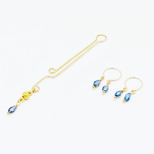 Non Piercing Nipple and Clitoral Jewelry Set. Gold and Blue Crystal Nipple Ring Dangles and Labia Clip