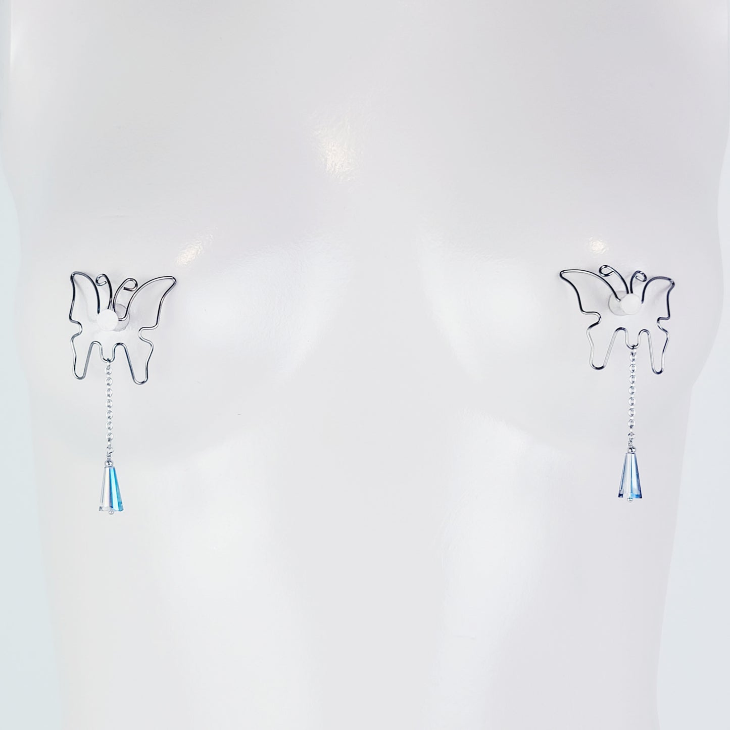 Butterfly Nipple Shields with Crystals, Stainless Steel. Non-Piercing Nipple.