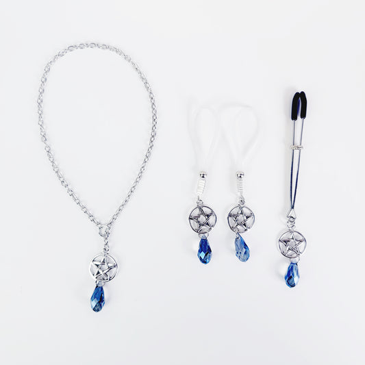 Intimate Jewelry Set For Couples with Pentagram and Crystal. Penis Chain Noose, Tweezer Clit Clamp, and Nipple Dangles or Clamps.