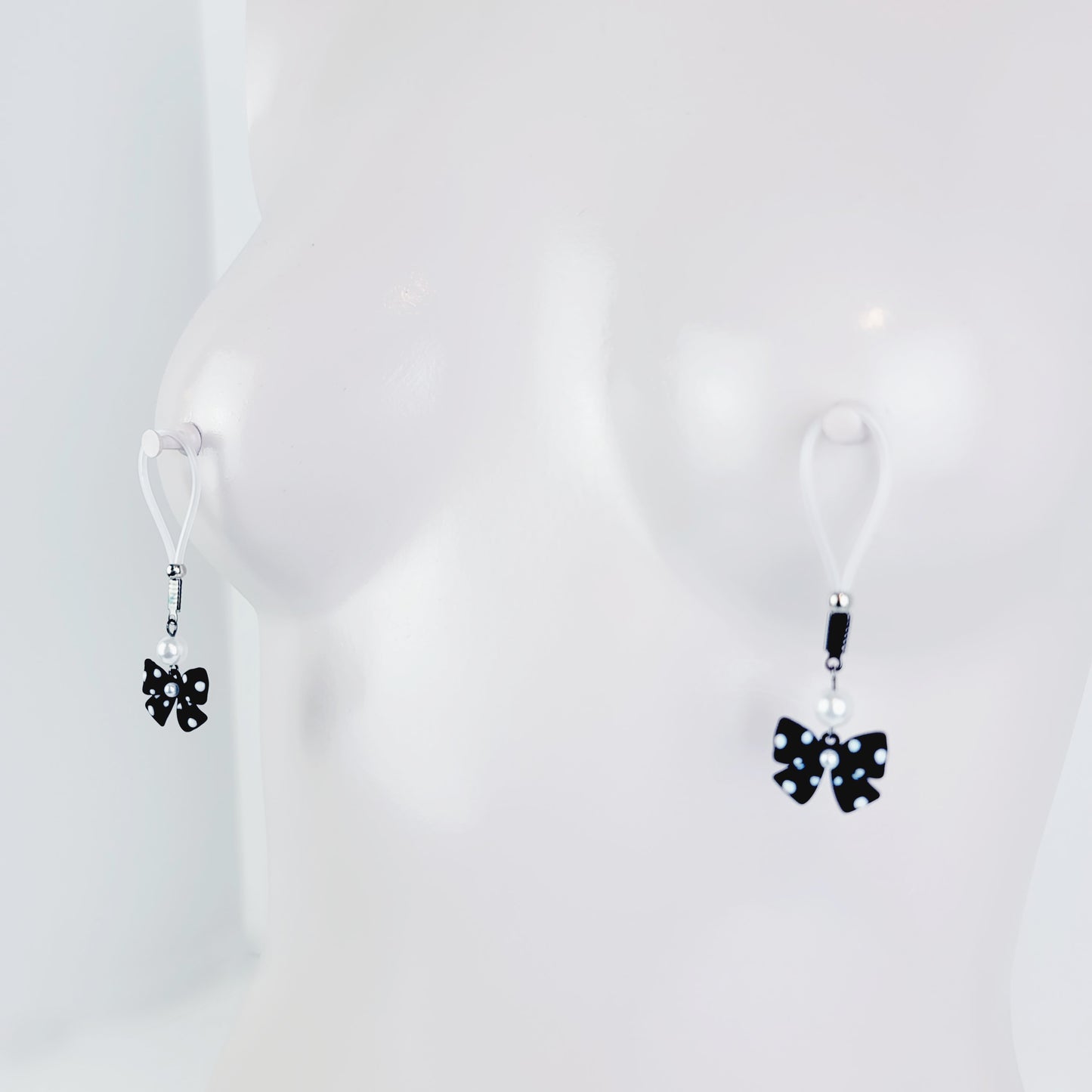 Bow Nipple Dangles with Pearls, on Non Piercing Nipple Nooses or Your Choice of Nipple Clamps. MATURE, BDSM