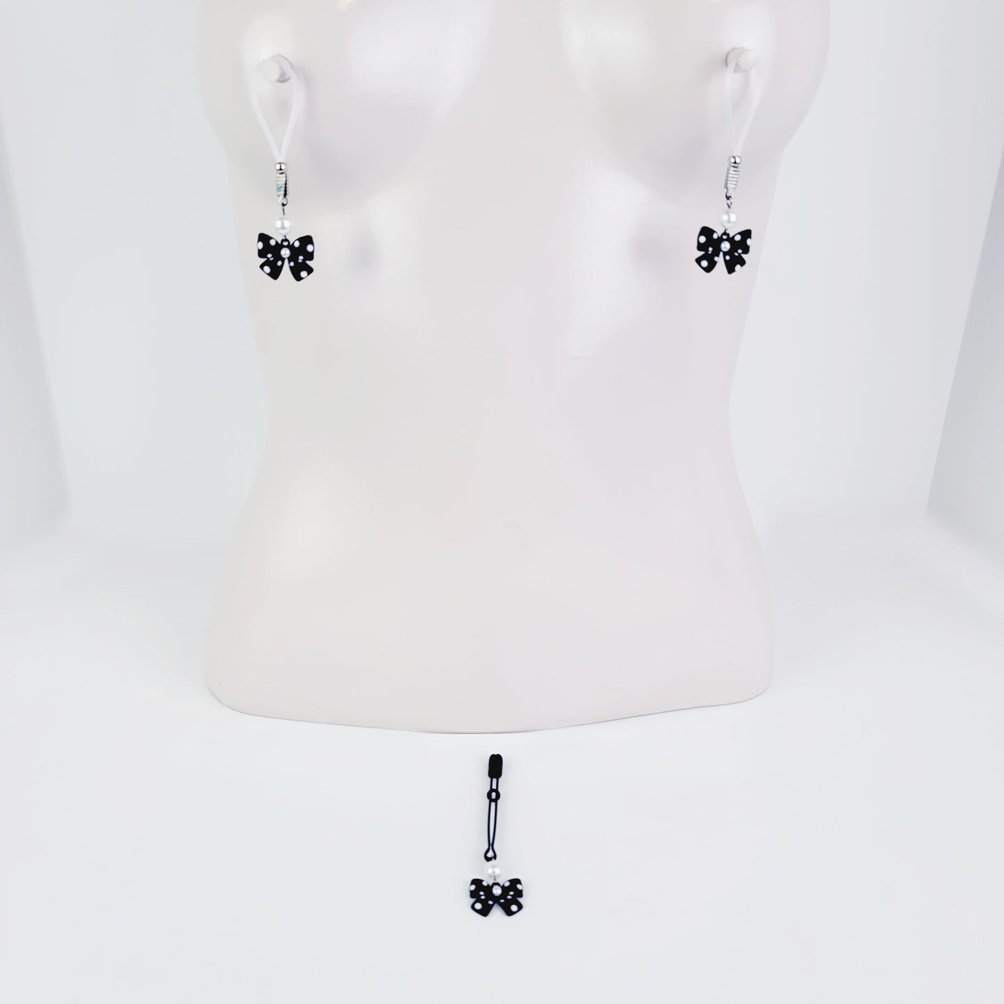 Black Clit Clamp, Tweezer Clitoral Clamp with Bow and Pearl. MATURE, BDSM Sex Toy for Women.