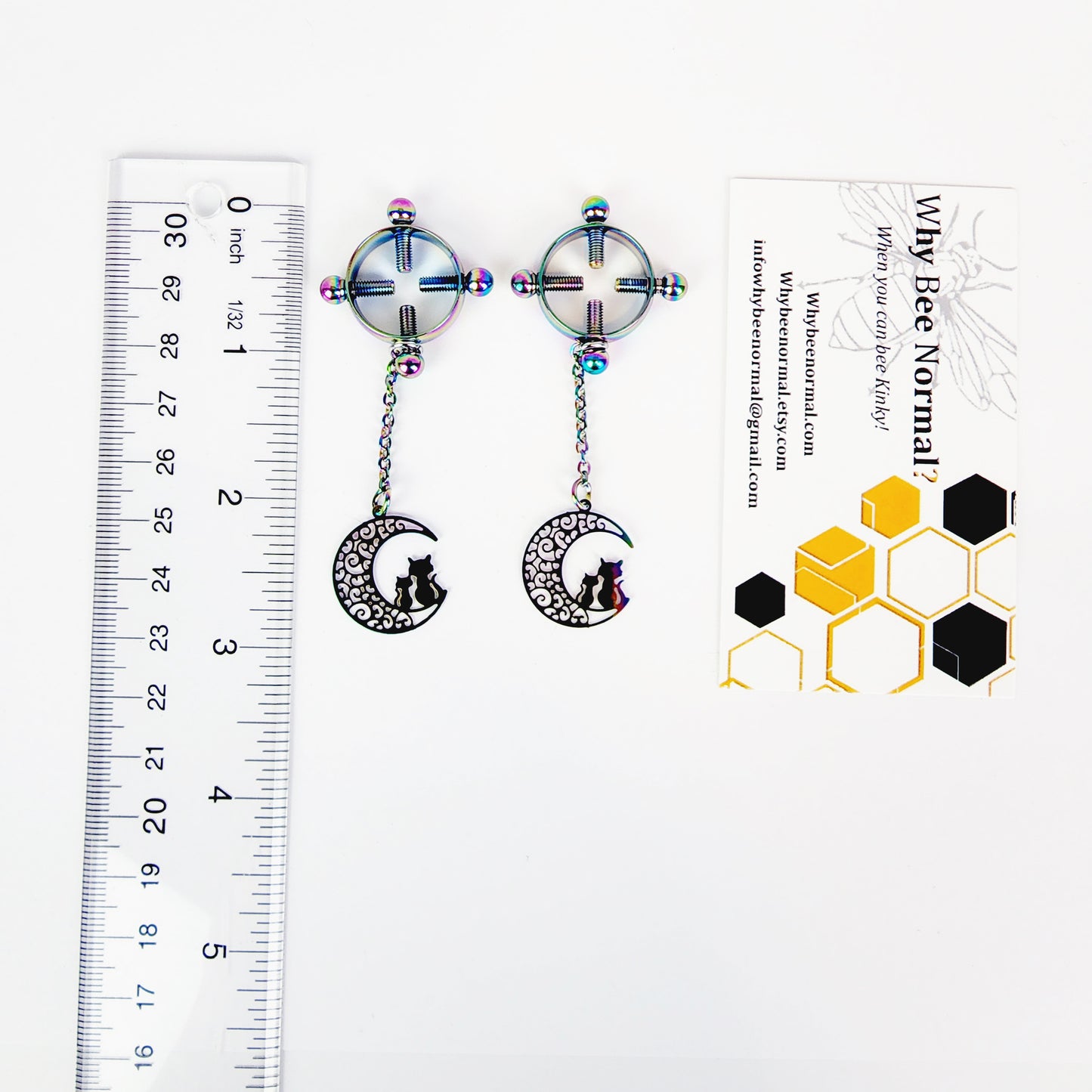 Circle Nipple Clamps, Rainbow Stainless Steel with Cats on Moon Pendants. Non Piercing Nipple, BDSM Nipple Clamps