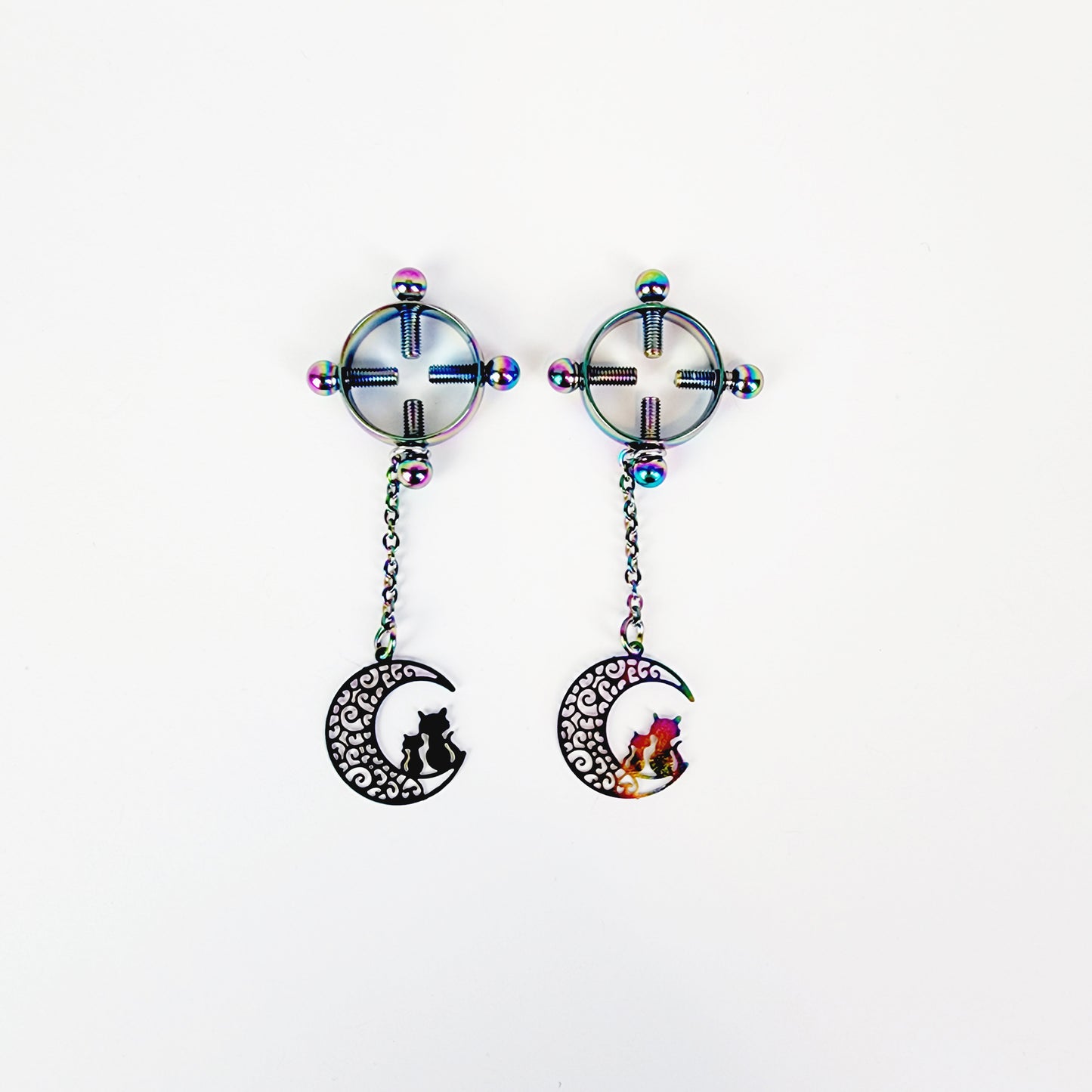 Circle Nipple Clamps, Rainbow Stainless Steel with Cats on Moon Pendants. Non Piercing Nipple, BDSM Nipple Clamps